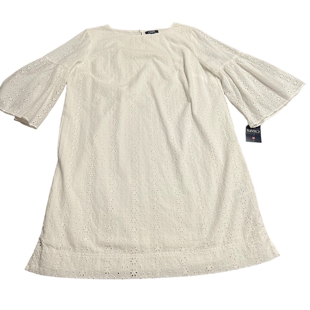 Chaps White Eyelet Lace Tunic Dress Ruffle Bell Sleeve Size Large NWT.